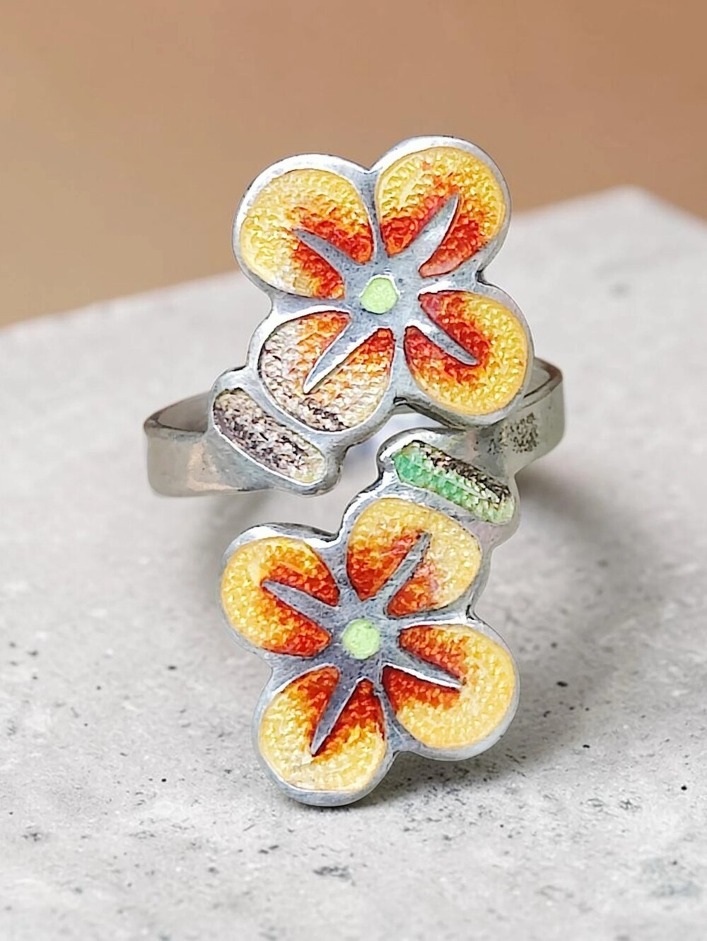 Vintage Sterling Silver Mexican Artisan Made Enameled Flower Bypass Ring